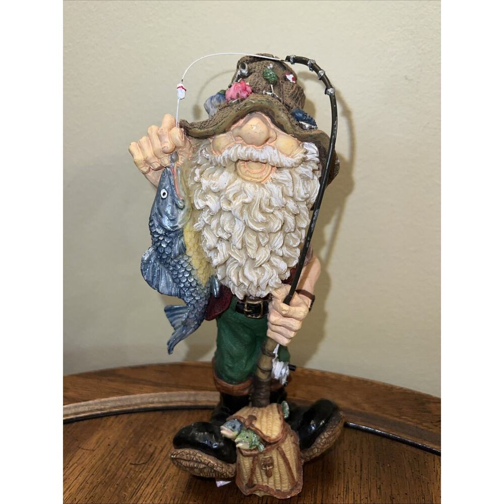 Vintage Santa Claus Fisherman Resin Figurine Fish Bag Of Fishes Fishing Rod